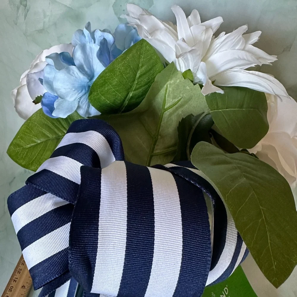 New with Tags Blue & White Artificial Floral Cone Arrangement with Striped Bow